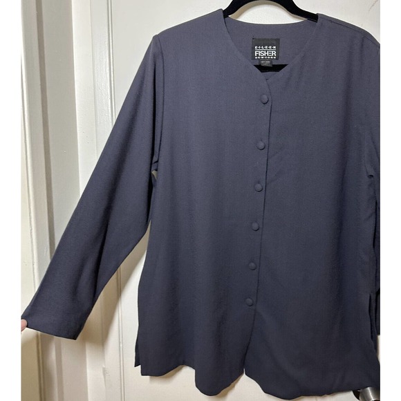 Eileen Fisher 100% Wool Button Front Blazer Style Top Navy Sz Small Oversized - Picture 5 of 6